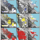 A snapshot of parts of the Bay Area that will see some of the worst inundation of subsiding land plus sea level rise. The top row shows subsidence alone, the middle row shows sea level rise alone and the bottom shows the impacts of both together.